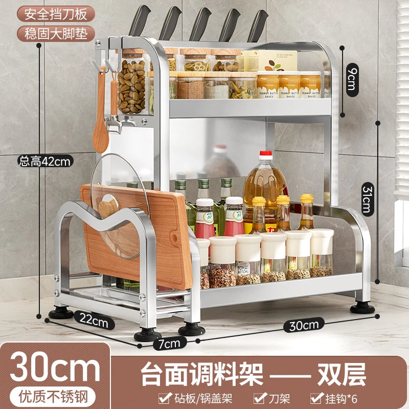 étagère cuisine métal argenté support couteaux bocaux épices rangement comptoir