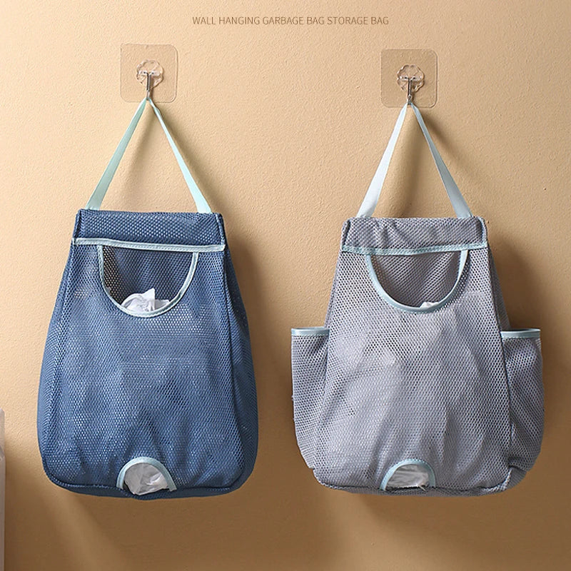 sac poubelle suspendu polyestère réutilisable bleu marine gris noir maille fine moderne crochets muraux