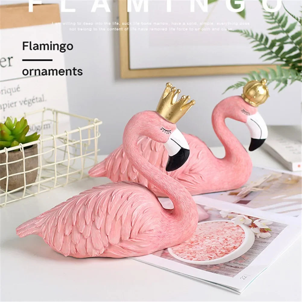 figurines flamants roses décoratives résine texturée moderne ornement blanc doré chambre