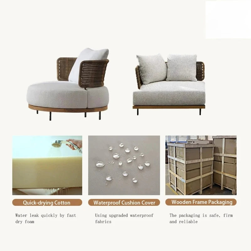 canapé jardin deux places tissu beige bois marron coussins blancs moderne pieds métalliques noirs