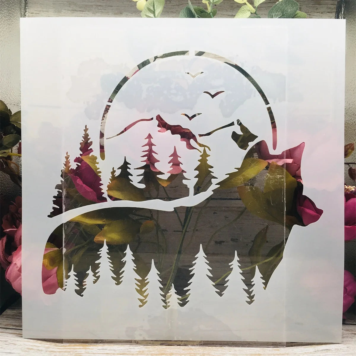 tableau mural paysage arbres oiseaux fleurs blanc vert rose marron contemporain
