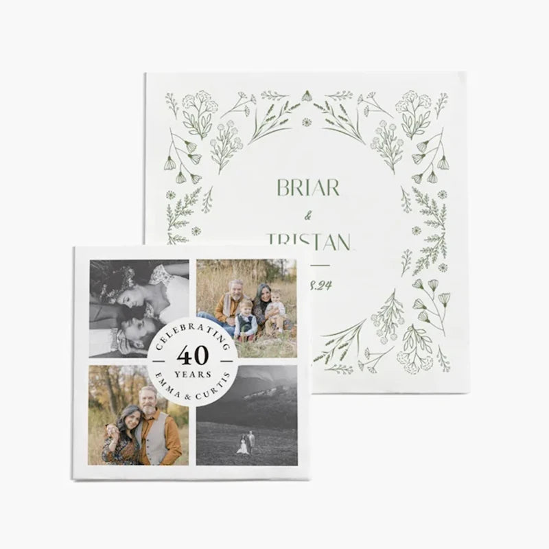 serviettes jetables blanc motif floral calligraphie dorée élégantes mariage anniversaire fêtes variées
