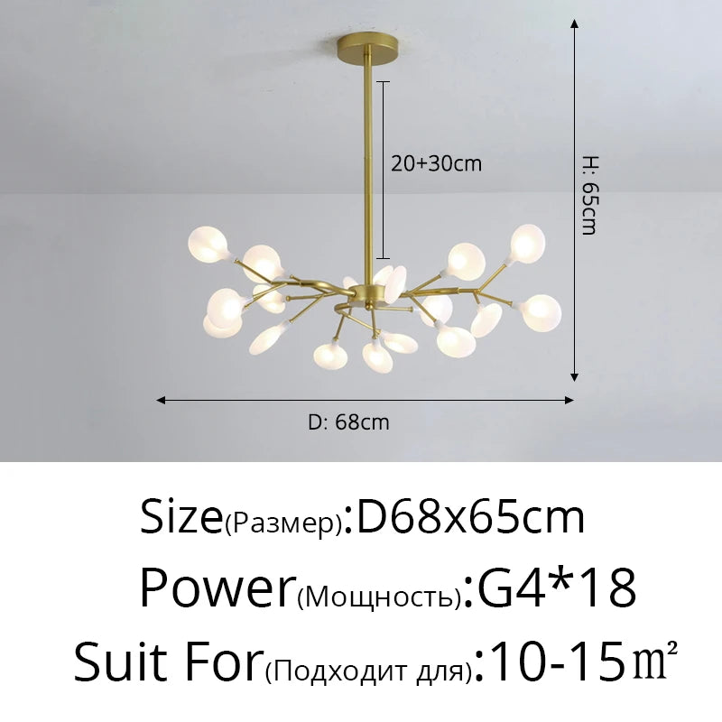 suspension lumineuse or blanc feuilles stylisées opalescente contemporaine 18 ampoules