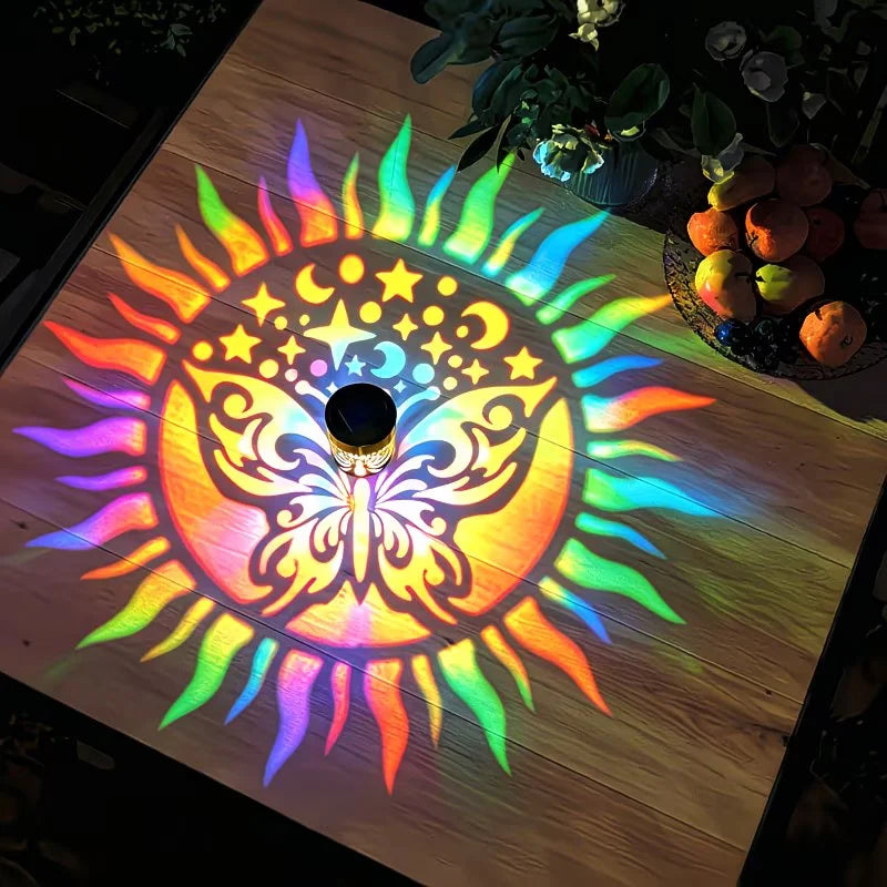 projecteur solaire extérieur mural décoration jardin éclairage nuit patio clôture allée mandala papillon motifs