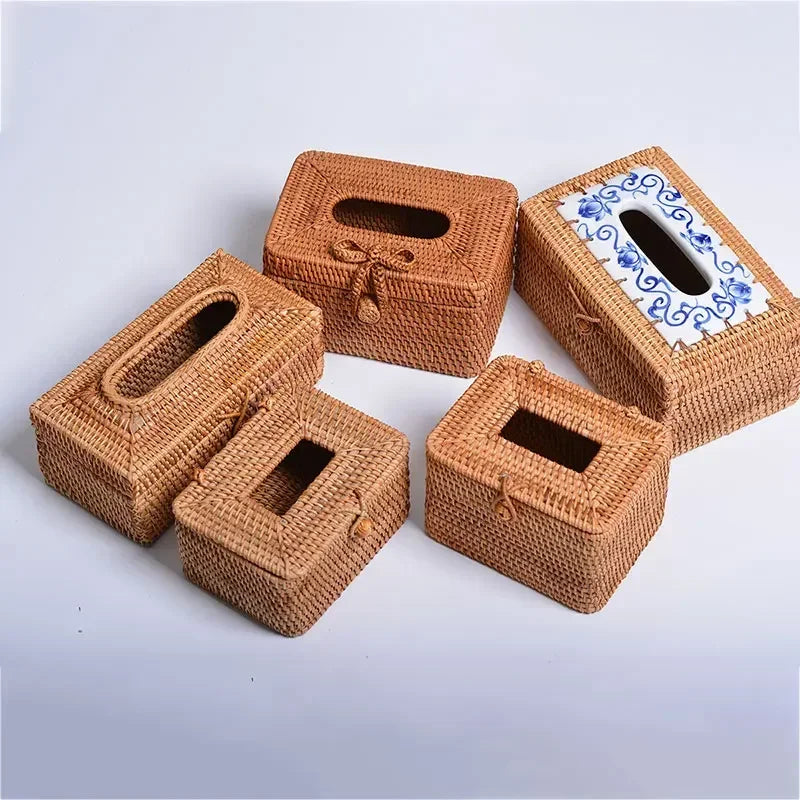 boîtes mouchoirs tissu tressé rustique marron clair boucle métallique rangement serviettes papiers toilette salle