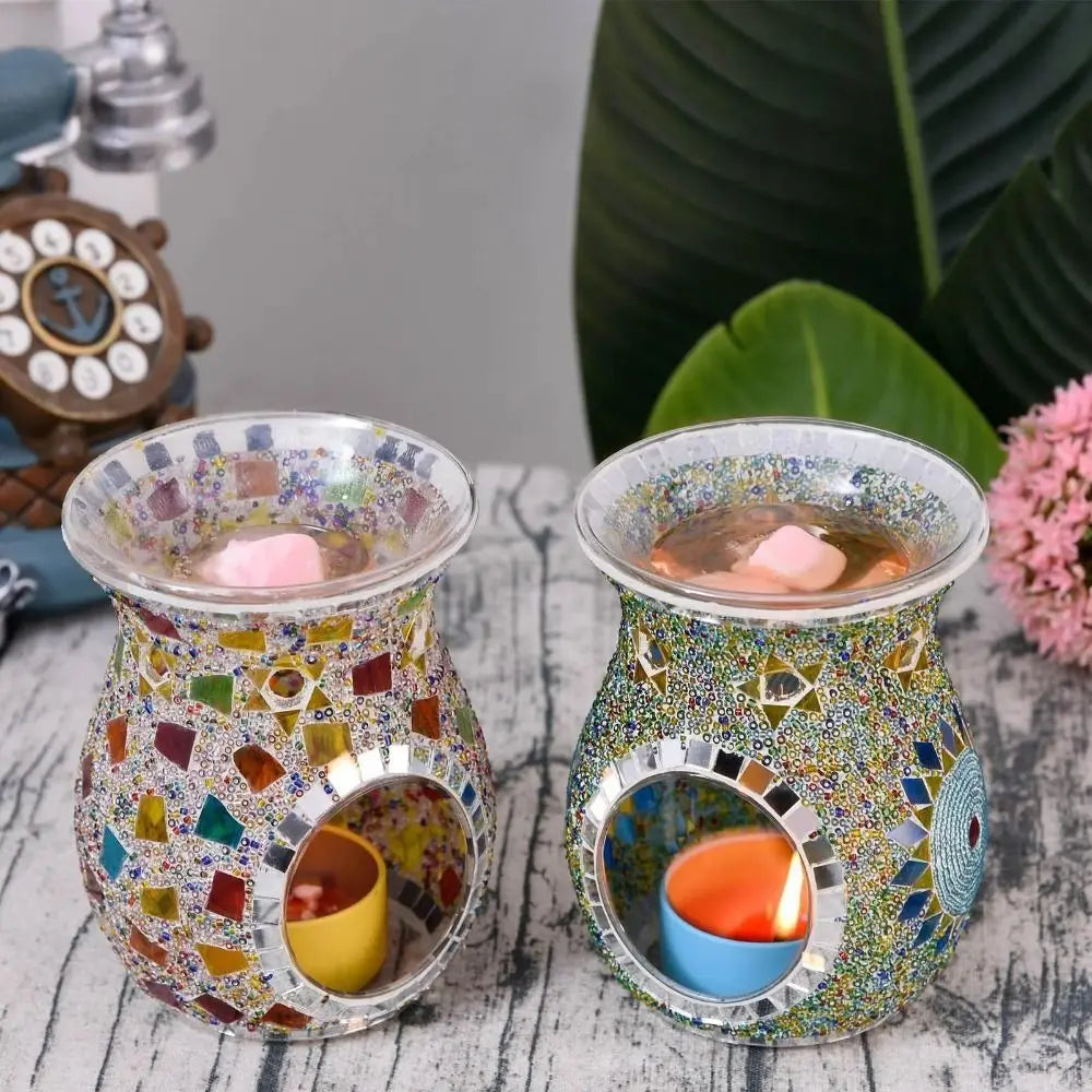 bougeoir artisanal multicolore mosaique salon aromatherapie huiles essentielles diffuseur incense verre