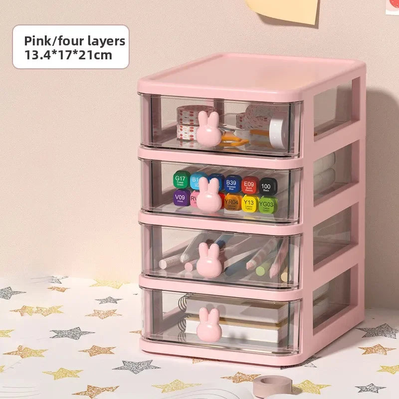 meuble rangement tiroirs transparents poignées lapins moderne rose clair cosmétiques fournitures articles divers