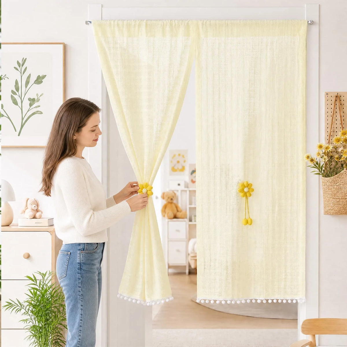 rideau moderne polyester coton motif géométrique fleur marguerite beige clair fixations décoration intérieure chambre