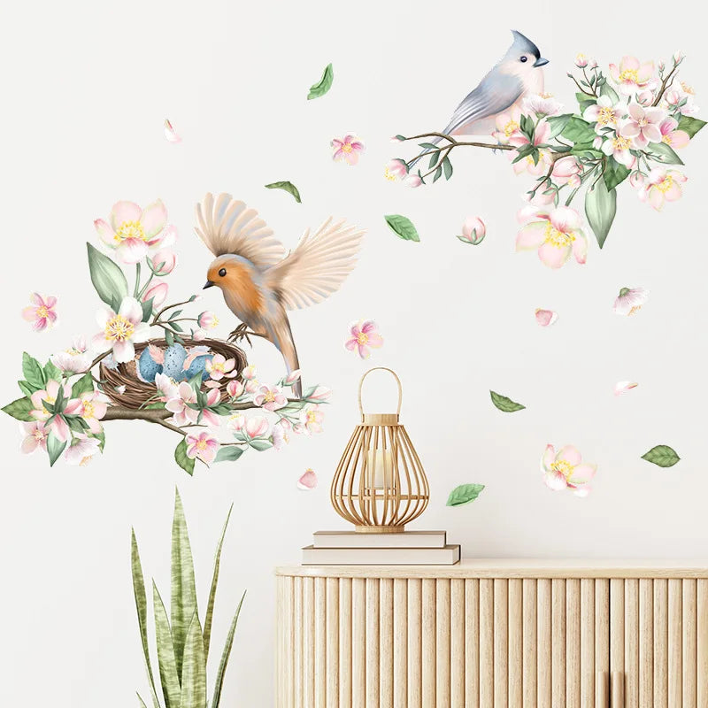 sticker mural adhésif fleurs oiseaux chinois multicolore decoration intérieure PVC resistant eau 40cm 60cm
