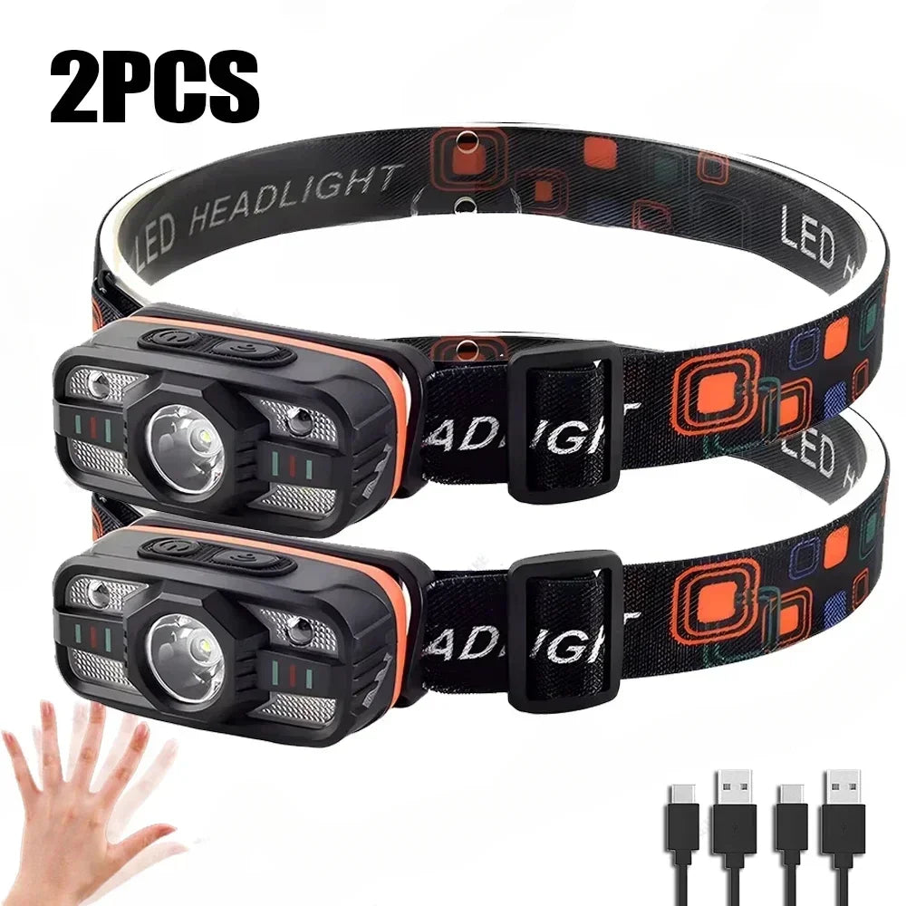 lampe frontale rechargeable led noir orange six modes clip moderne pratique camping pêcheextérieurusbcharger