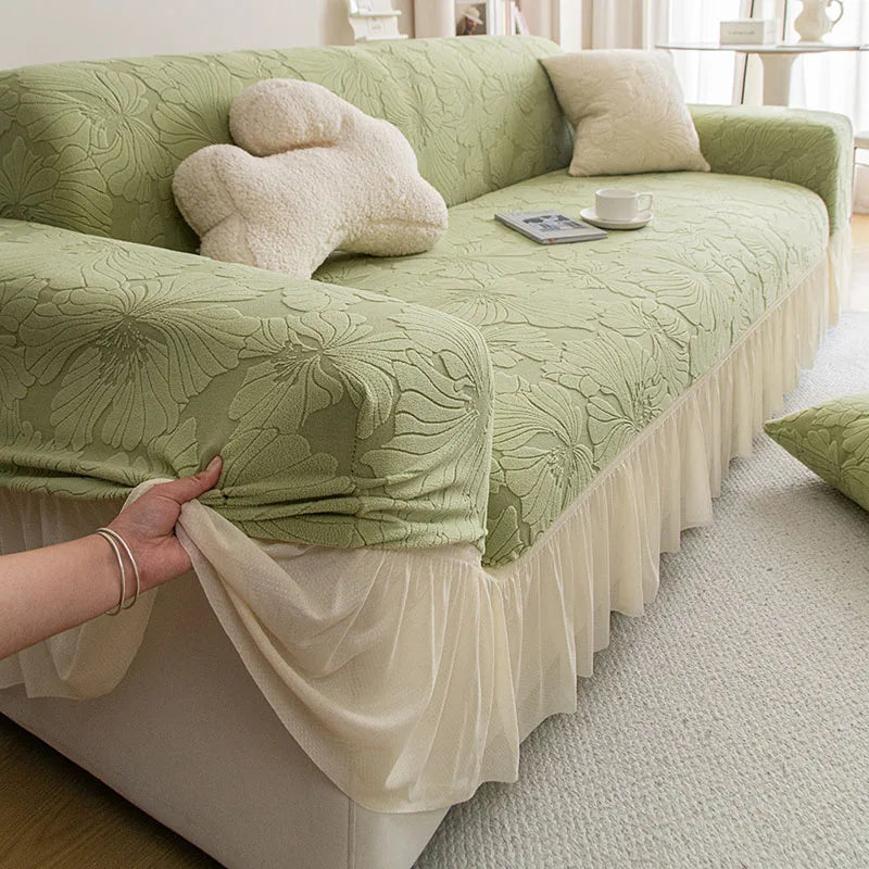 housse canapé velours jacquard fleurs imprimées extensible coussin salon classique vert