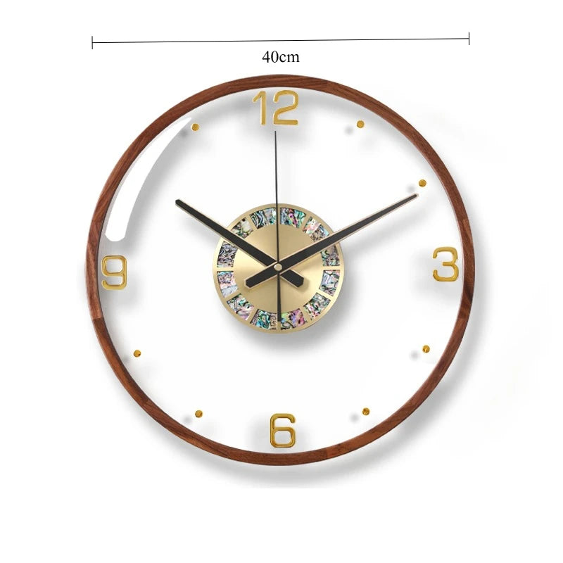 horloge murale moderne élégante face unique bois chiffres dorés aiguilles secondes quartz batterie