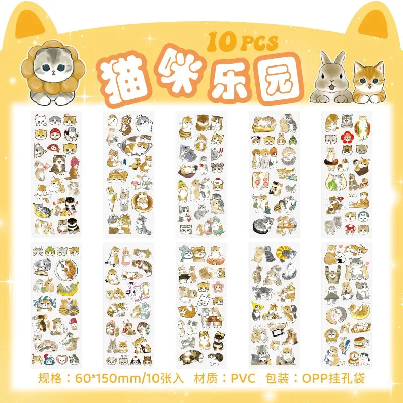 sticker kawaii adhésif dessins animés chats floraux textes scrapbooking transparent rose vert bleu blanc