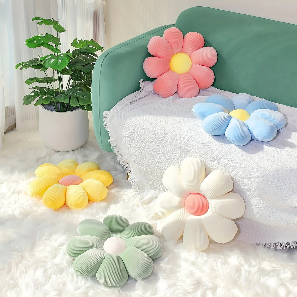 coussin décoratif rayures horizontales blanc rose bleu jaune vert moderne enfantin sofa litmassage
