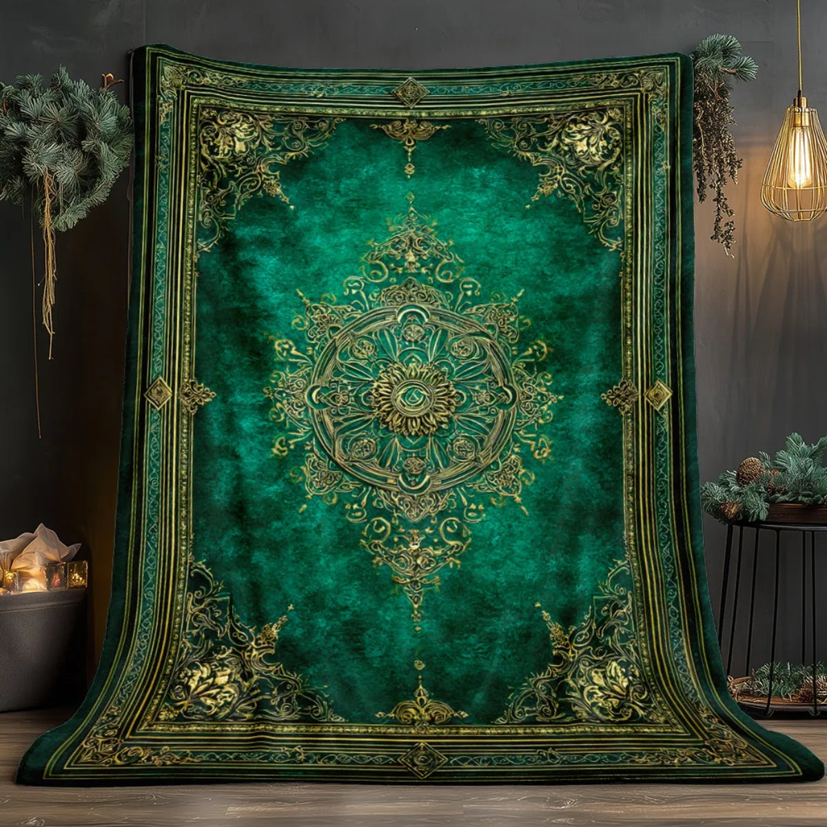 couverture velours vert émeraude broderie dorée motif floral boho chic canapé décoration hiver