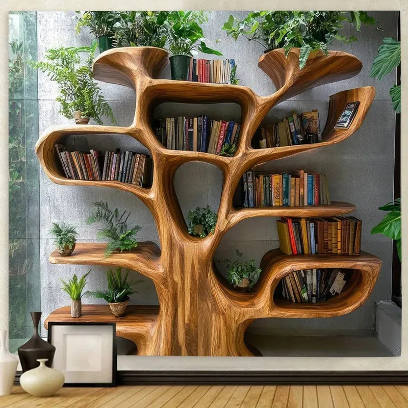 tapisserie murale arbre étagère bois naturel moderne sans cadre machine lavable resistant