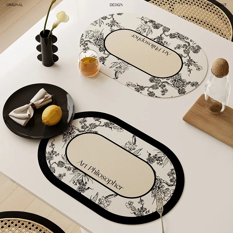 tapis table beige noir résistants chaleur imperméables lavables fleurs stylisées texture cuir classique élégant