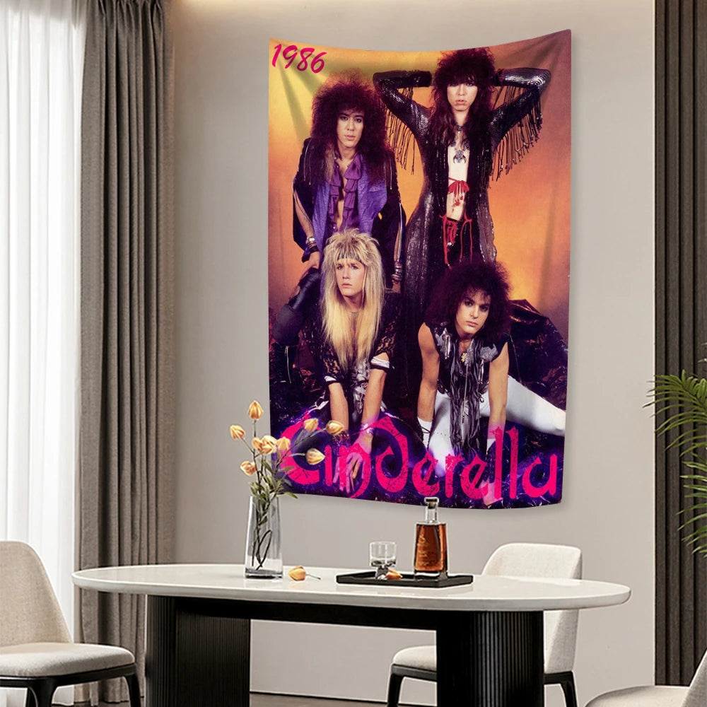 tapisserie vintage rock groupe musical Cinderella Nobody's Fool 1986 chambre noir blanc bleu rouge