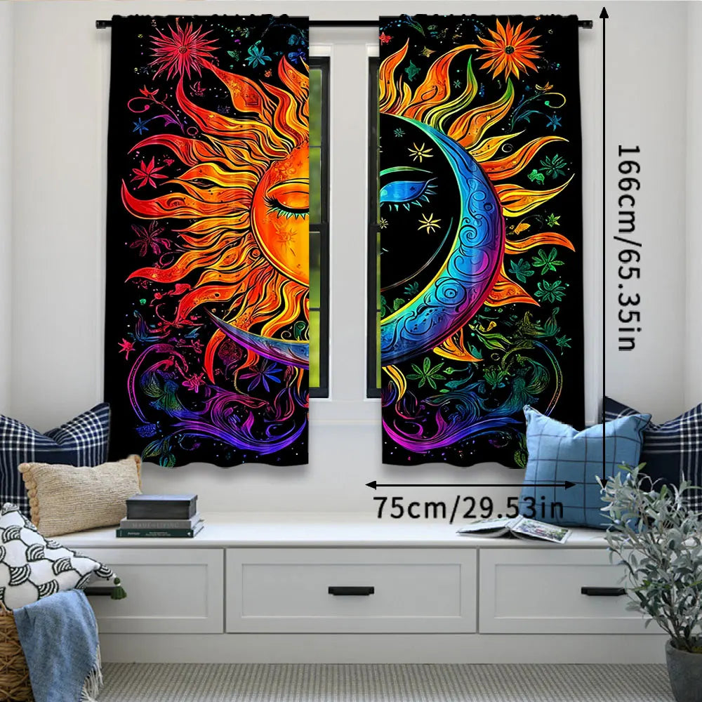 rideau motif soleil lune abstrait pièces polyester noir orange rouge bleu opacité coloré