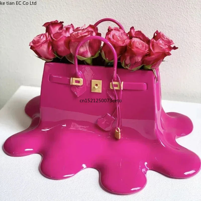 vase resine moderne sac birkin rose vif blanc doré élégant brillant 28cm