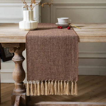 chinois table chemin marron lin texture classique tassel doré
