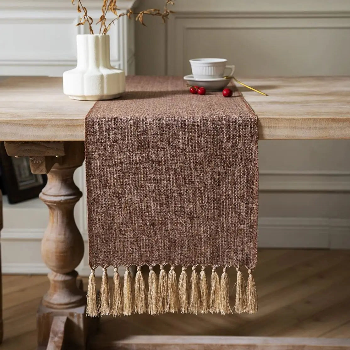 chinois table chemin marron lin texture classique tassel doré