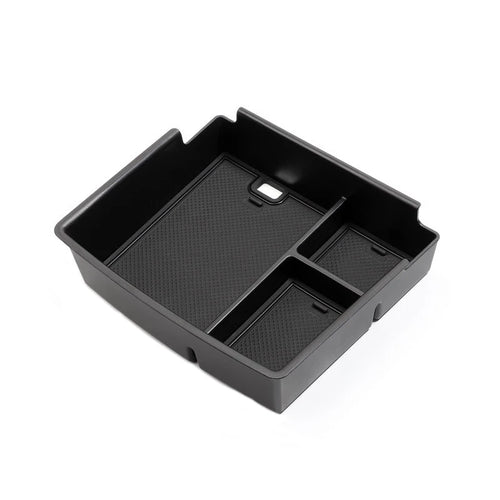 boîte rangement console centrale voiture couleur noire texture tissu imprimée pratique fonctionnelle compartments divisés