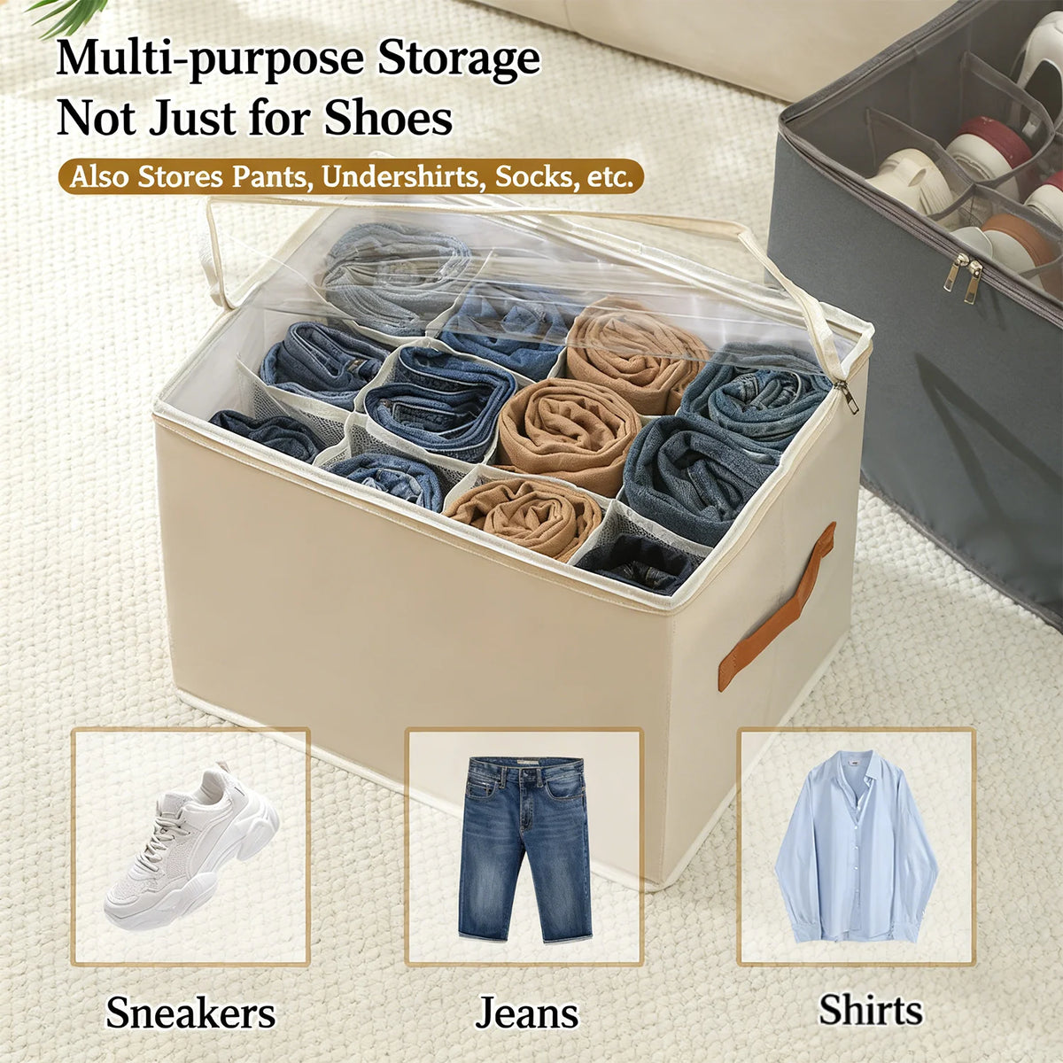 boîte rangement chaussures tissu pliable poignées couvercle entrée chambre maison