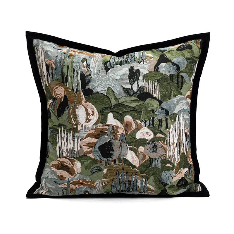 housse coussin jacquard motif forêt tropicale noir vert beige blanc décor maison voiture 45x45cm