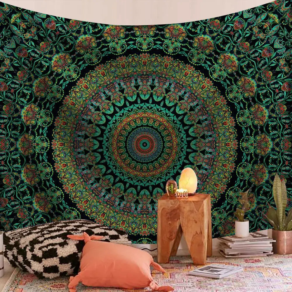 tapisserie murale mandala bohème bleu orange noir éléphant géométrique polyester rectangle