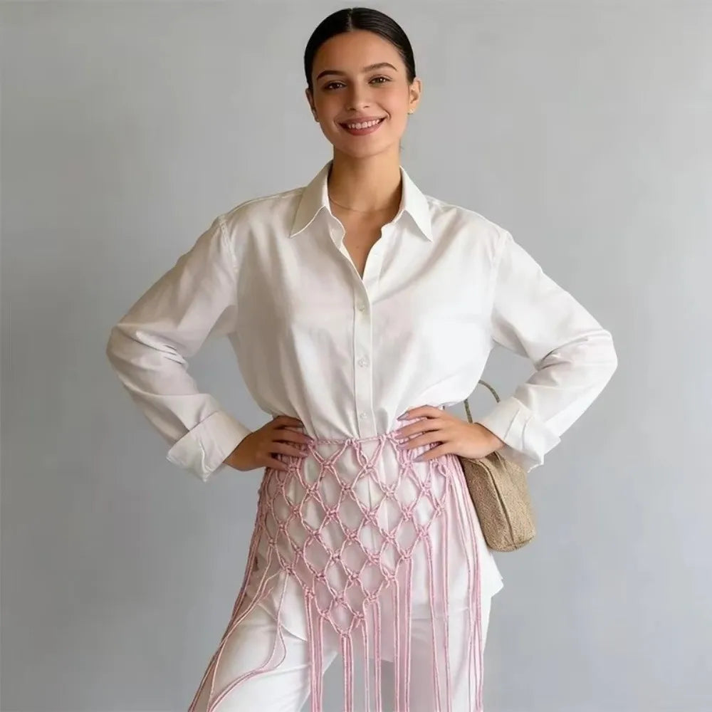 ceinture boho chic rose clair maille tressée coton tissé main ethnique unisexe