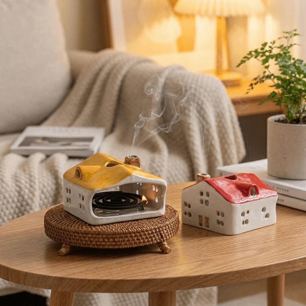 diffuseur d'odeur maisonnette fenêtres rouge blanc jaune moderne aromathérapie bobine parfum minimaliste