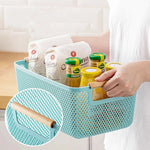 paniers rangement blanc jaune bleu rose noir maille fine moderne pratique poignées bois