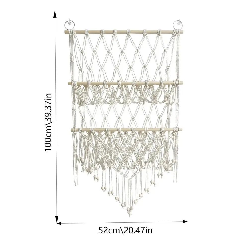 décoration murale macramé géométrique bohème franges suspendu tige bois ethnique artisanal triangles losanges
