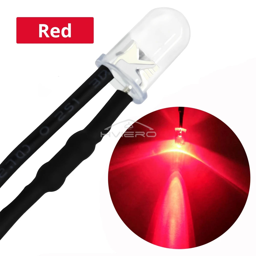 ampoules led ronde transparentes 5mm 12v 20cm câble 10pcs bleu vert rouge blanc chaud