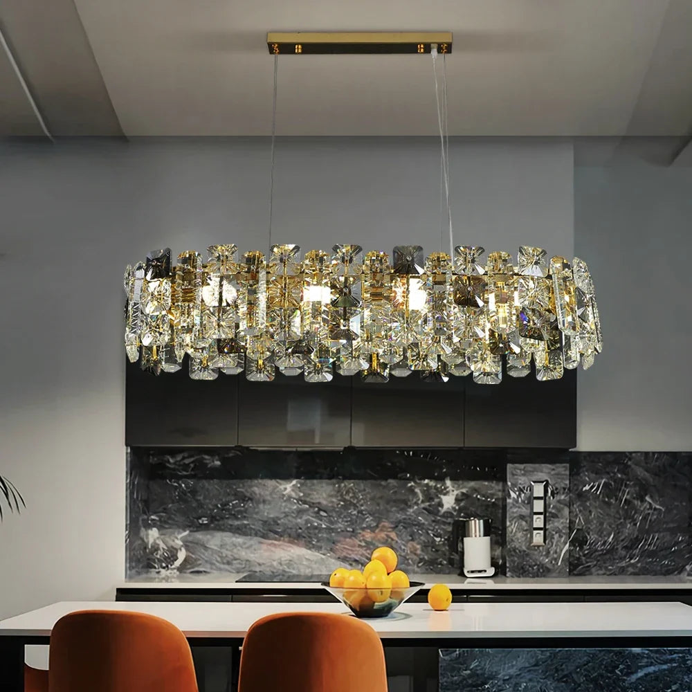 suspension lumineuse moderne or cristaux transparents luxueux suspension câbles métalliques