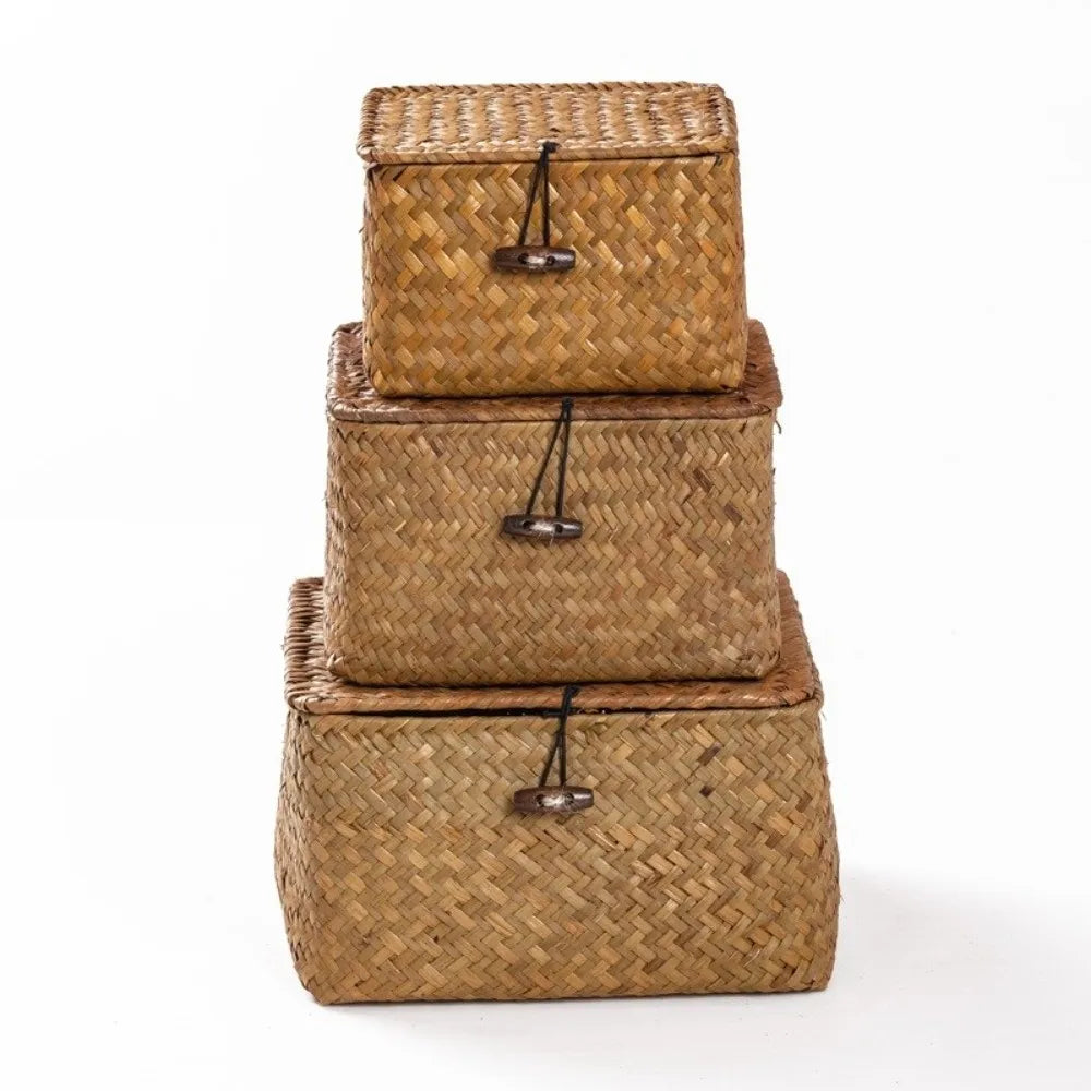 boîtes rangement marron clair tissage paille réutilisables respectueux environnement traditionnel cordon fermeture