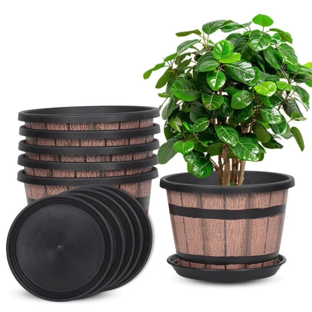 pots fleurs rustiques bois brun noir soucoupe adhésif taille