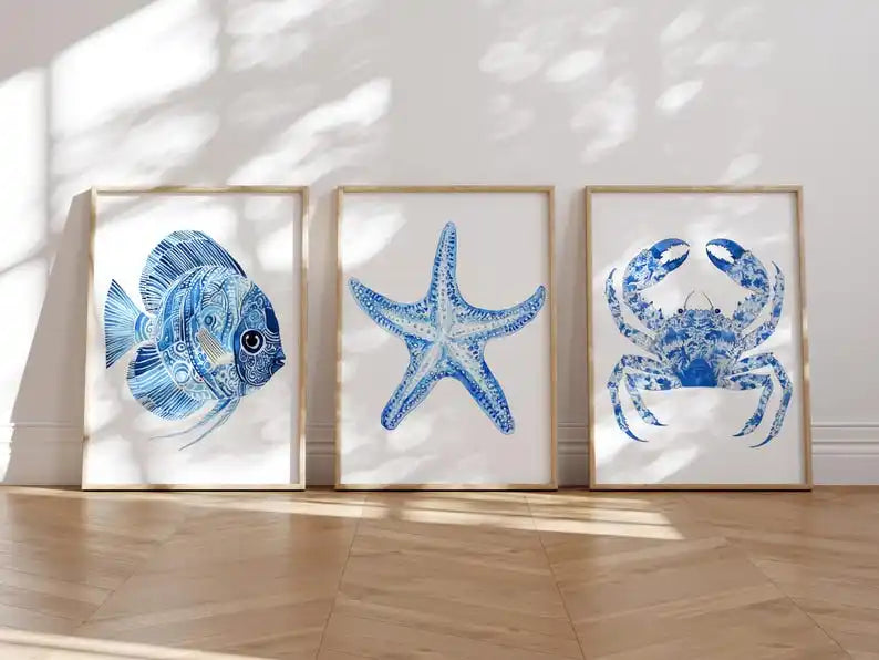 affiches modernes animaux marins poissons étoiles mer crabes décoration salon toile sans cadre bleu