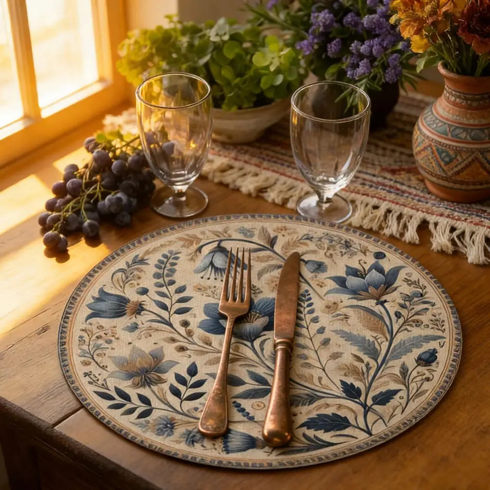 placemat classique floral beige bleu table salle manger anti dérapant 35cm traditionnel