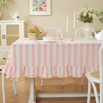 nappe rectangulaire coton rose blanc rayures diagonales vintage romantique bords volantés table manger maison
