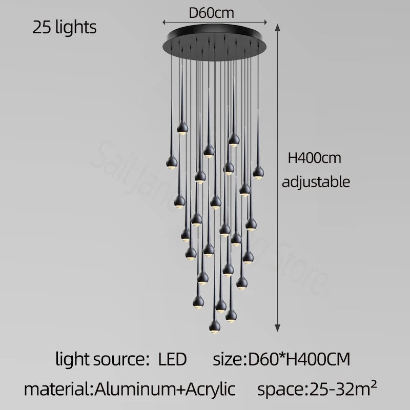 suspension lumineuse argentée gouttes pluie contemporaine fil 2000 82000 lumens chambre salon étude