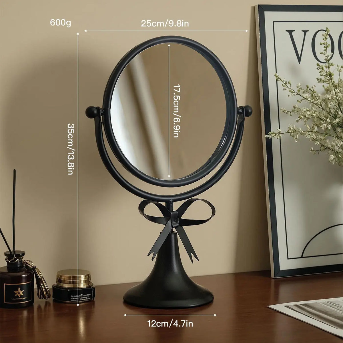 miroir table rotatif or noir rose poudré élégant vintage rubans crèmes aromathérapie