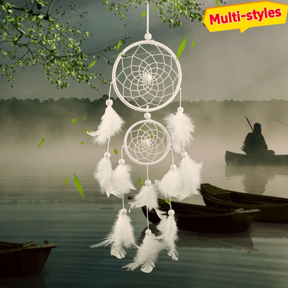attrape rêves blanc tissé main boho chic plumes décorative murale