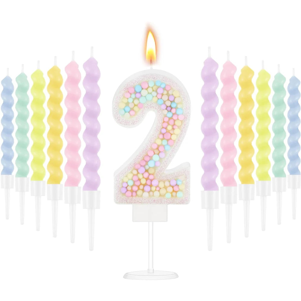 bougies anniversaire numérotées colorées spirales métalliques sucrées décoratives violet rose vert jaune blanc