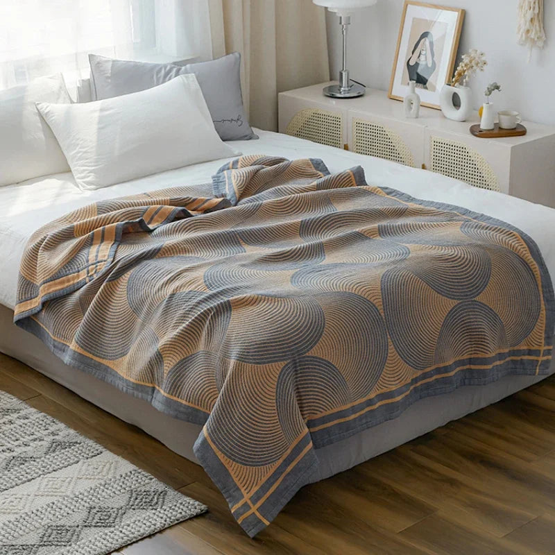 couverture d'été coton moderne motif cercles gris beige lit canapé portable opaquement