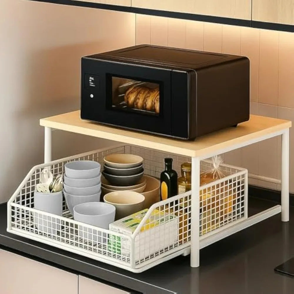 meuble rangement deux niveaux blanc noir paniers métalliques plateau bois moderne fonctionnel