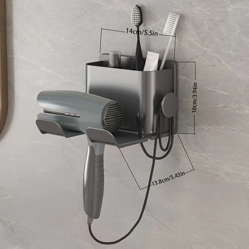 rangement sèche cheveux adhésif gris blanc moderne rotatif accessoire salle bain