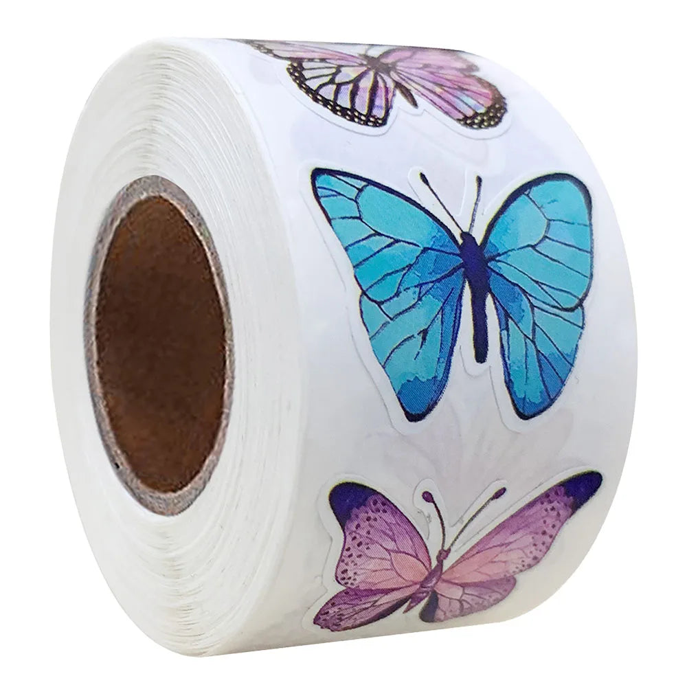 stickers papillons fleurs bleu rose violet blanc adhésifs décoration diy 500 rouleau 2,5cm illustration