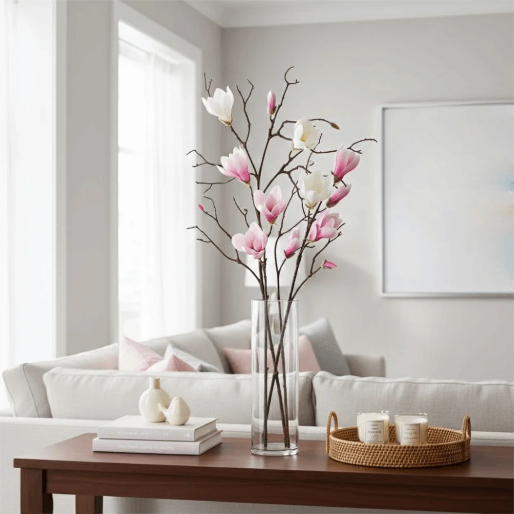 décoration maison branche magnolia artificielle fleurs simples rose blanc minimaliste intérieur